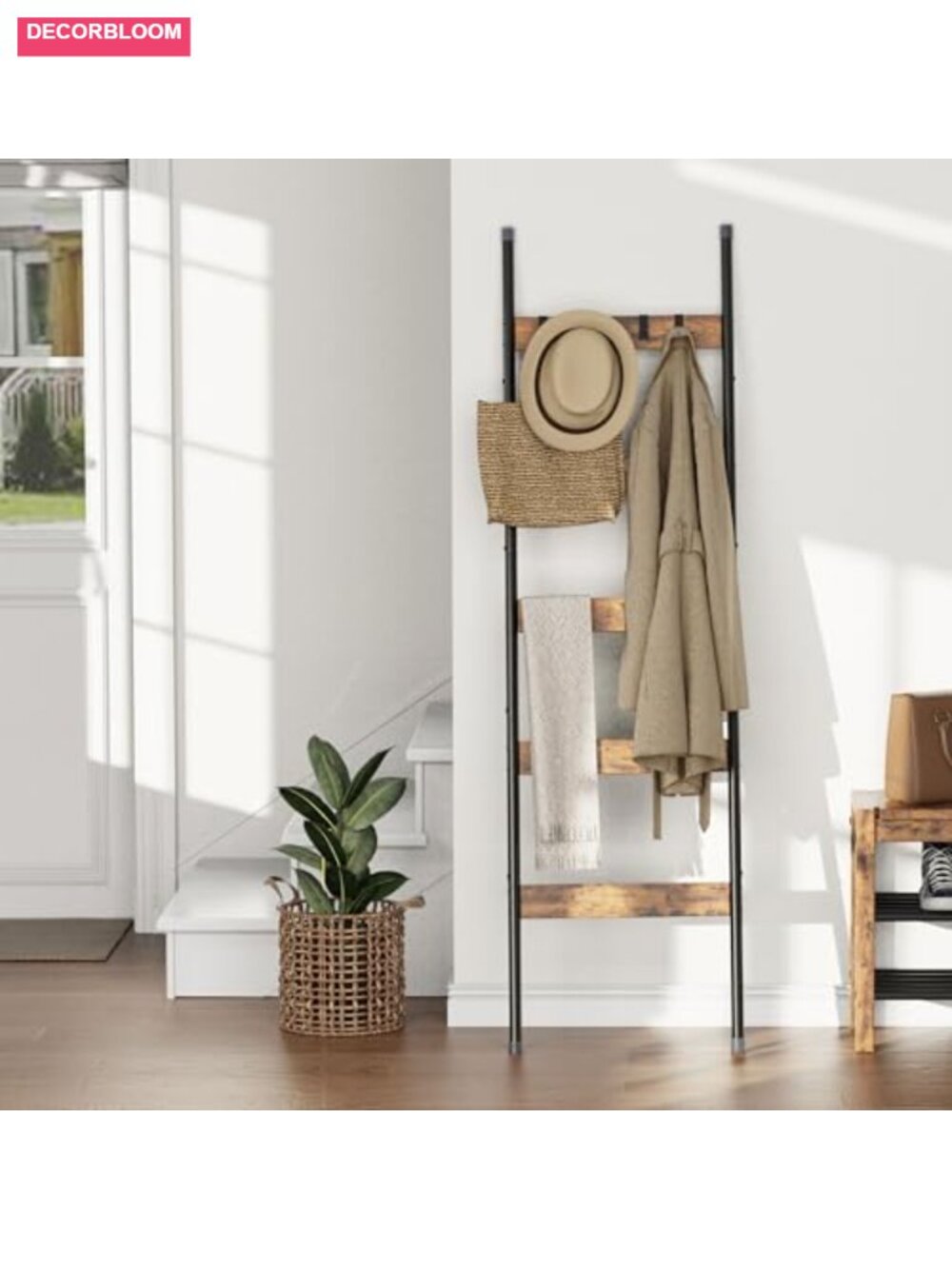 5-Tier Blanket Ladder with Hooks, Faux Leather and Metal Freestanding Towel - Picture 4 of 6